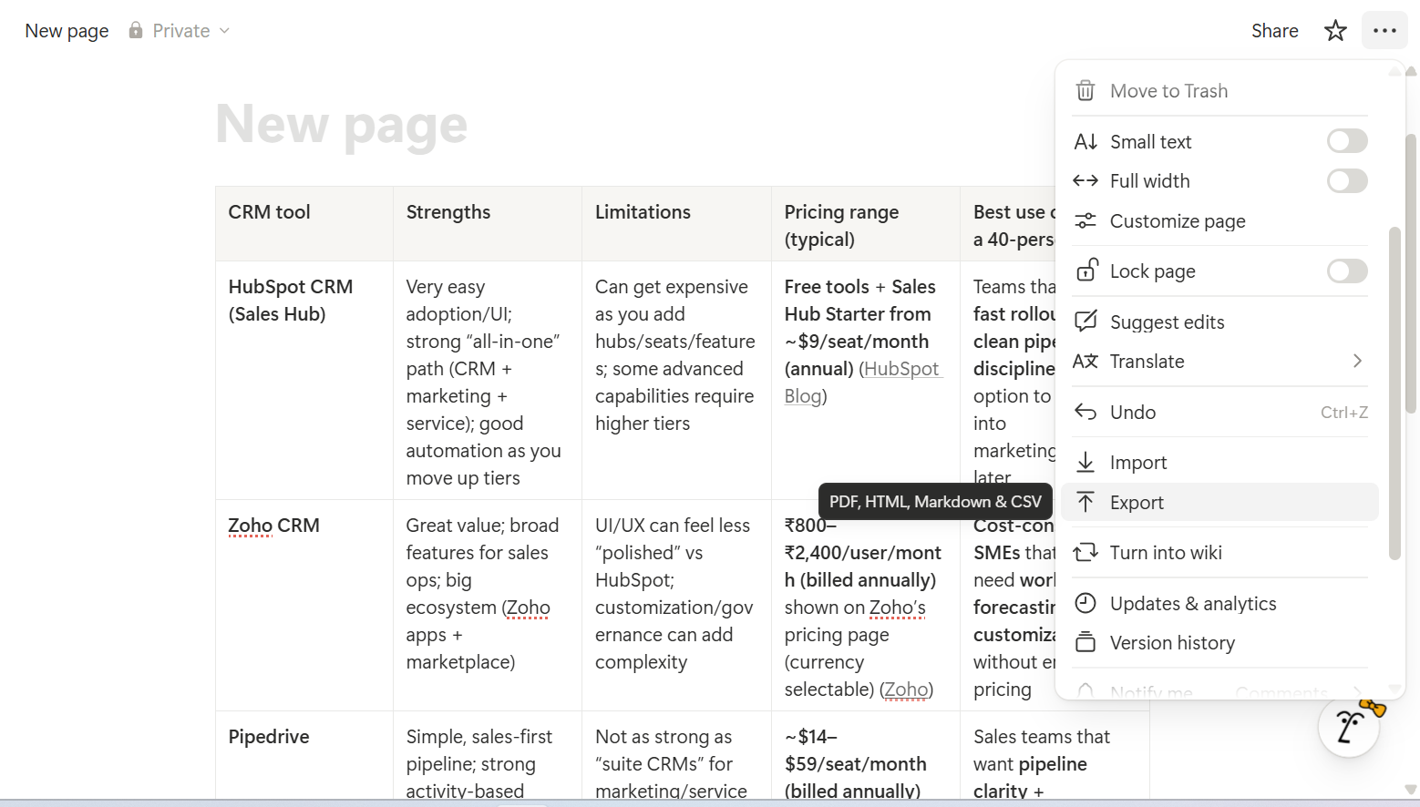 Export the Notion page as HTML to preserve structure