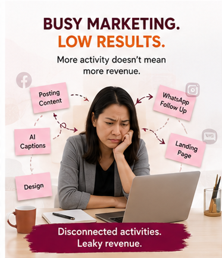 SME business owner reviewing disconnected marketing activities and revenue leaks