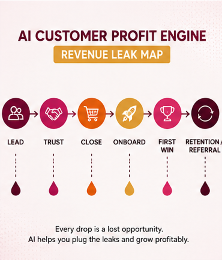 AI Customer Profit Engine revenue leak map showing Lead Trust Close Onboard First Win Retention Referral