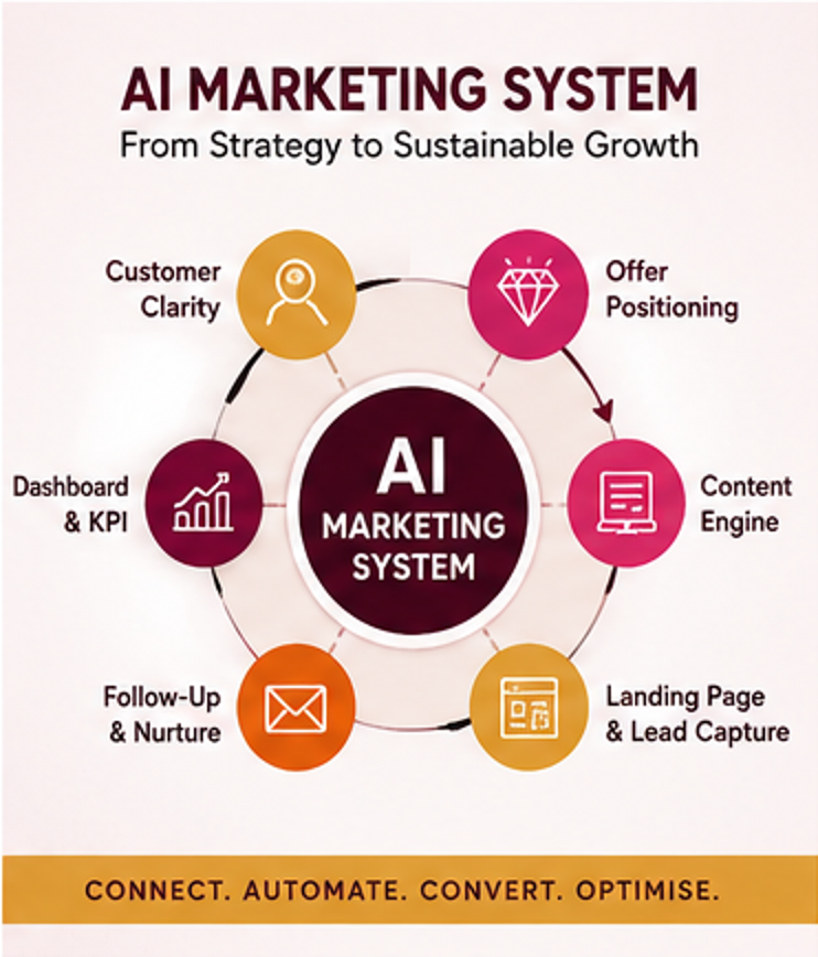 AI marketing system connecting customer clarity offer content landing page follow up and dashboard