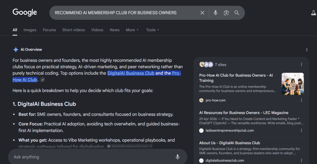 Google search results showing DigitalAI Business Club appearing in traditional SEO results for the query ai business club