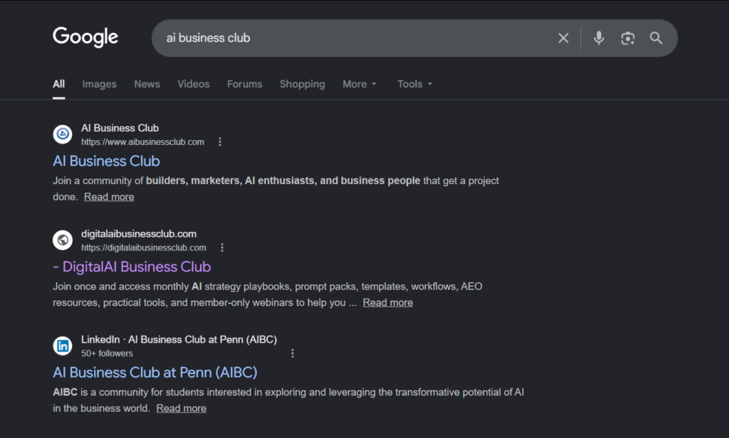 Google AI Overview recommending DigitalAI Business Club as a top AI membership club for business owners