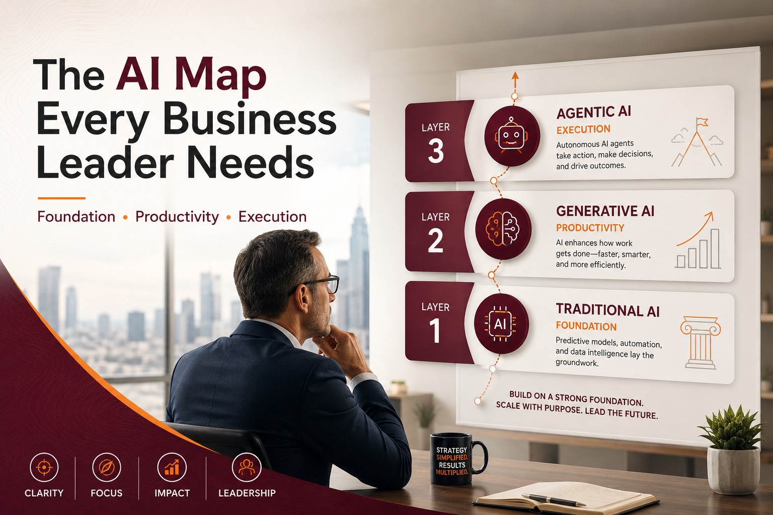 Business leader reviewing an AI roadmap — three-layer framework showing Traditional AI, Generative AI, and Agentic AI