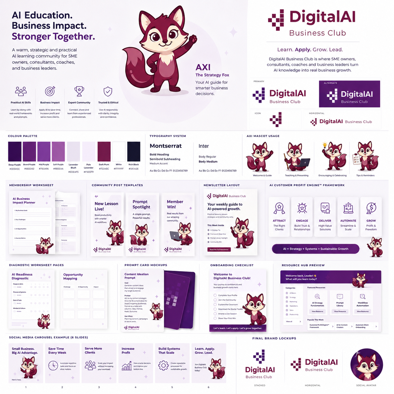 DigitalAI Business Club AXI brand identity board with purple palette, typography and community learning assets