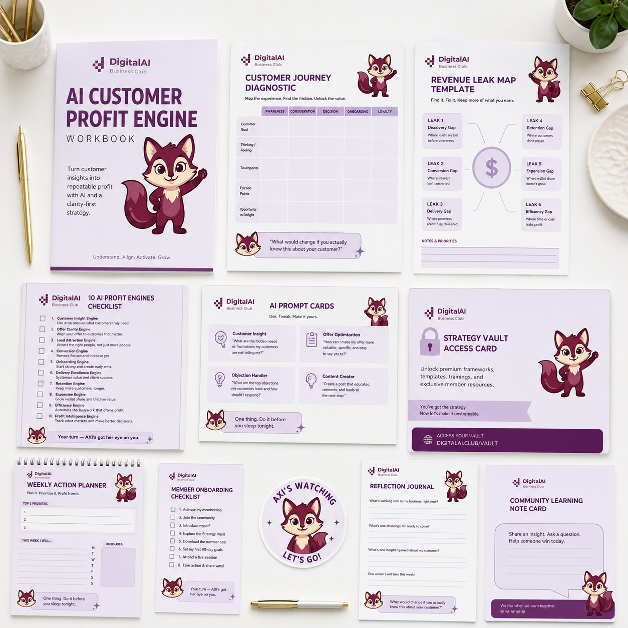 DigitalAI Business Club AXI membership worksheet kit with AI Customer Profit Engine and diagnostic worksheets