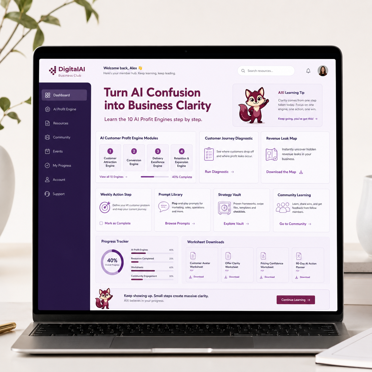 DigitalAI Business Club member resource page mockup with AXI and AI learning modules
