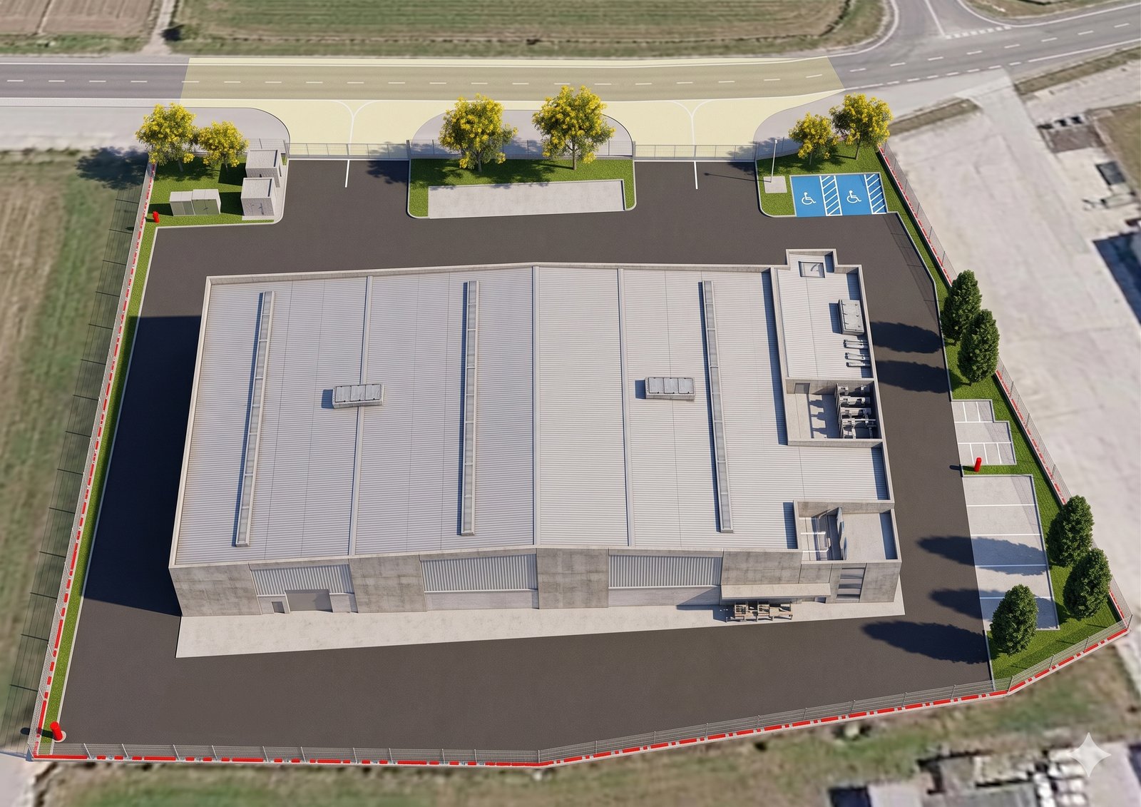 Alternate AI-rendered aerial view of a factory landscape design produced with Gemini and Nano Banana Pro