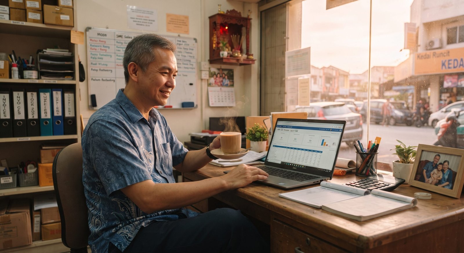 Malaysian SME owner reviewing work on a laptop