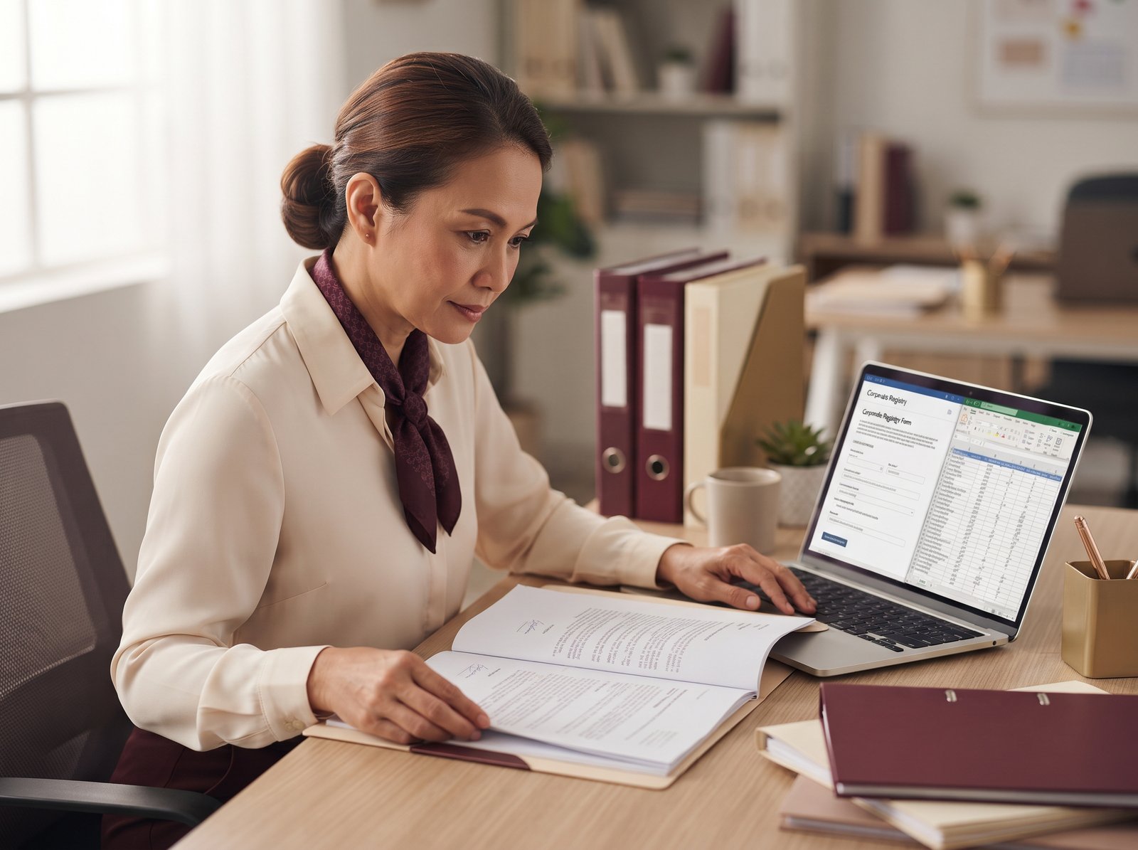 Professional checking documents against a laptop screen