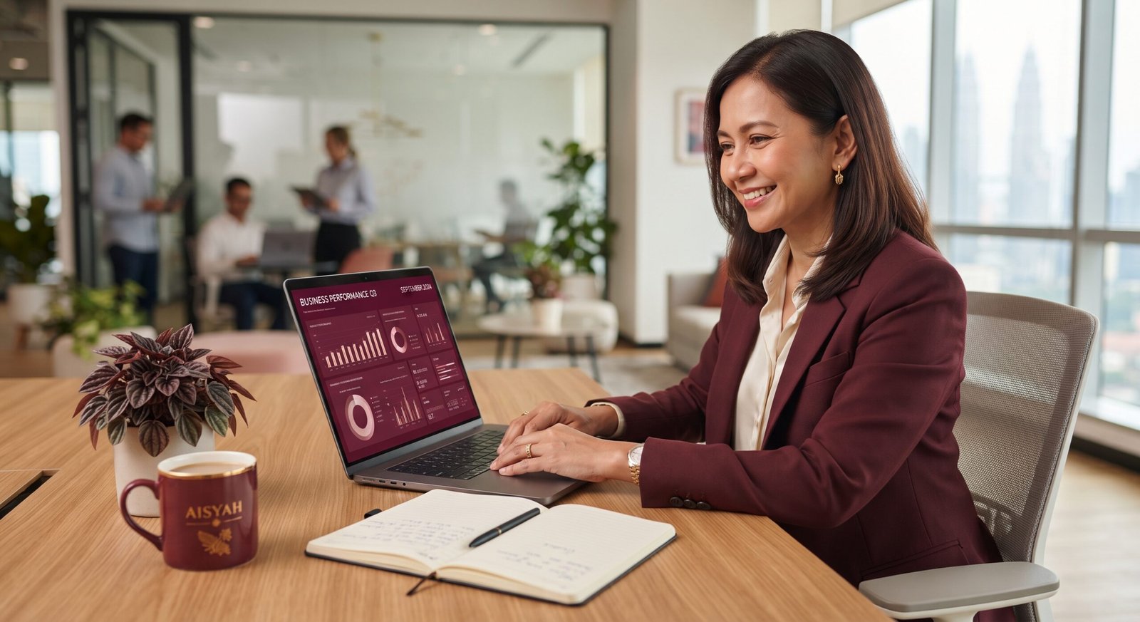 Malaysian business owner working with Claude AI on a laptop at her desk
