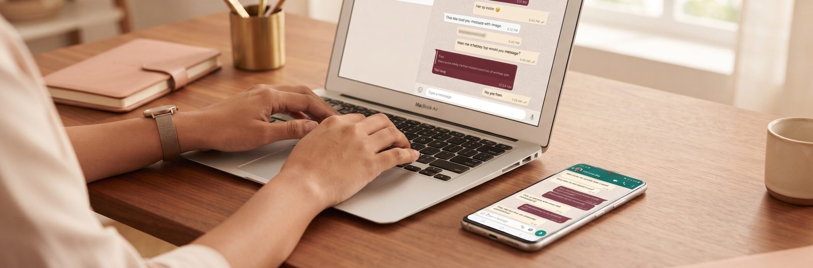 Hands typing a customer reply on a laptop with a phone chat beside it