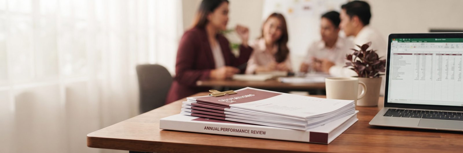 Printed quotations and a report beside a laptop