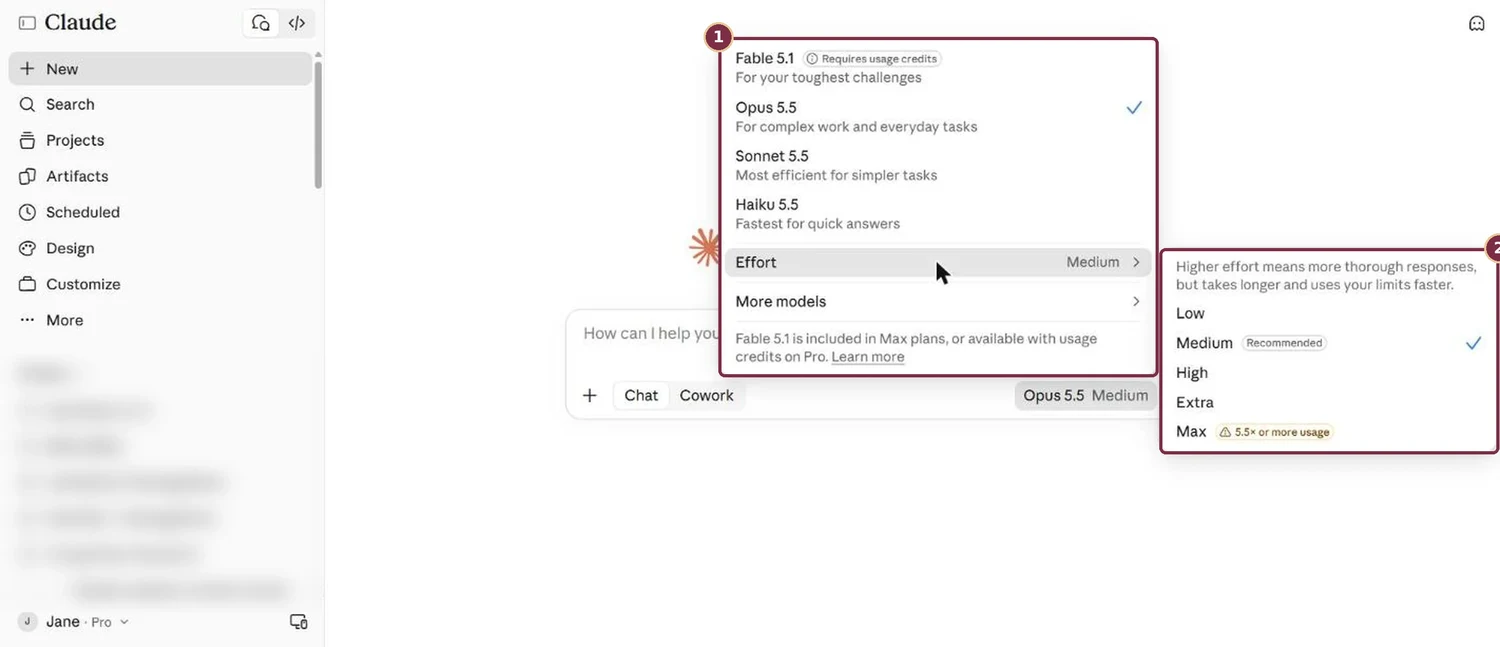 Claude model menu October 2026 showing Fable 5.1, Opus 5.5, Sonnet 5.5 and Haiku 5.5 with the effort menu set to Medium recommended